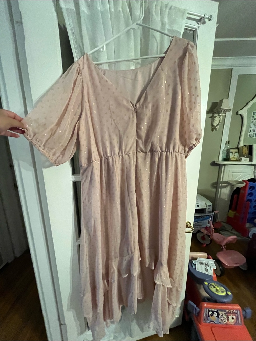 Eloquii Blush Pink Sheer Polka Dot Dress with Gold Sparkle
